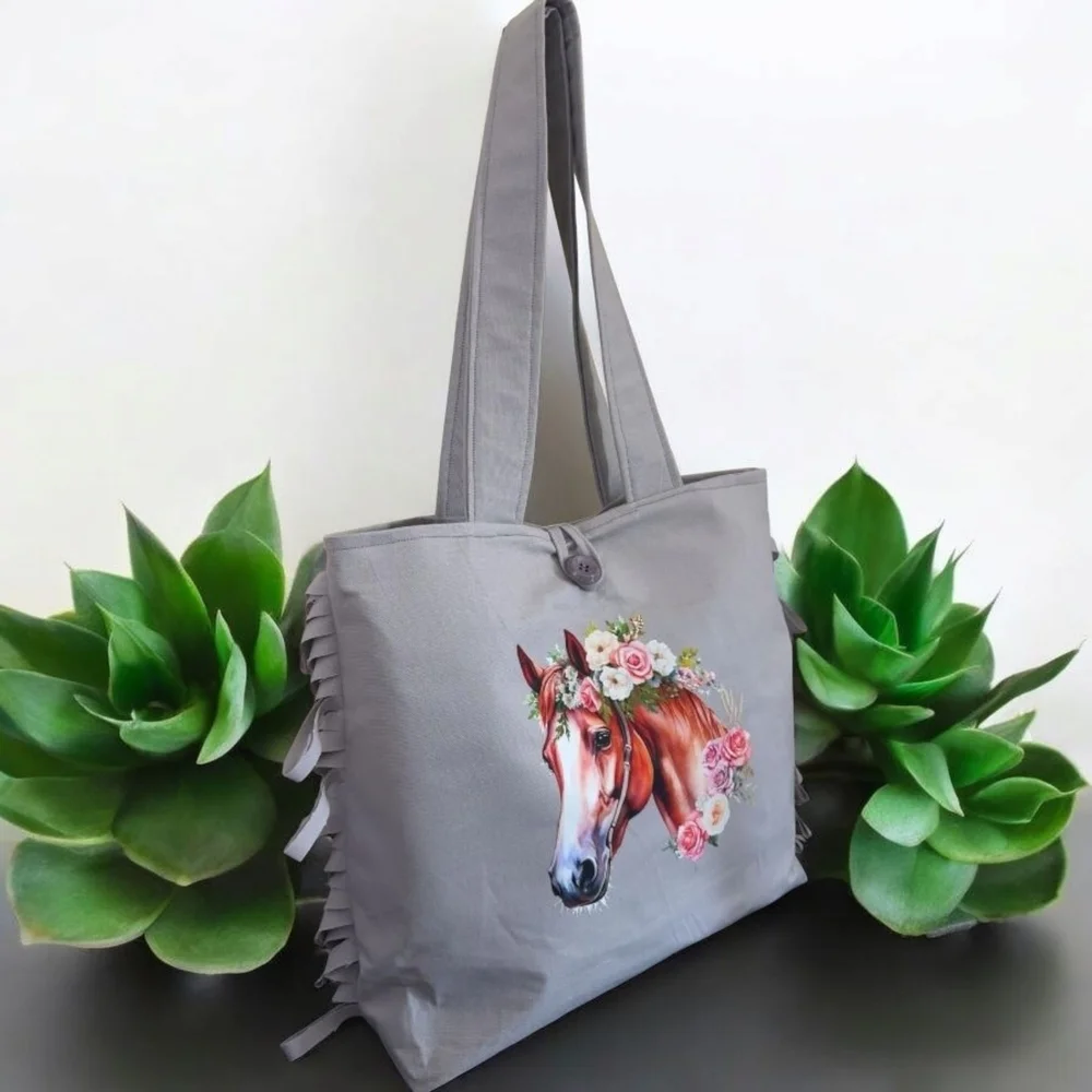 Spacious Gray Canvas Tote Bag with Artistic Design